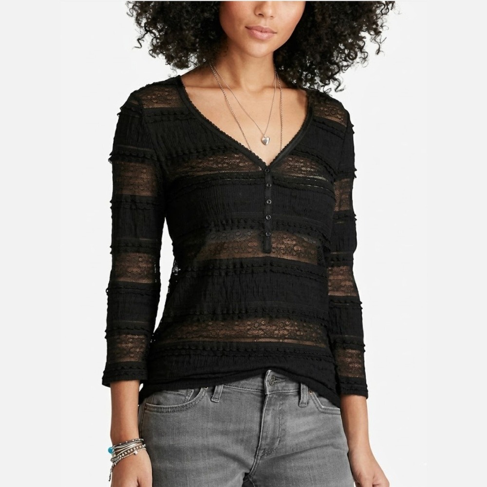 Denim & Supply Ralph Lauren Womens M Top Black Lace Sheer Henley Boho Grunge